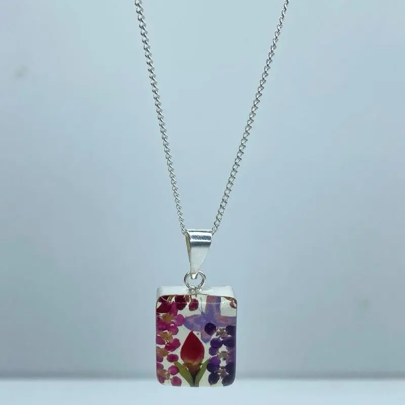 Handmade Pressed Flower Jewelry Set for Female Adults, 925 Sterling Silver Necklace and Earrings with Real Resin Flowers, Lightweight, Pressed Flowers