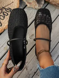 Women's Fashionable Solid Color Hollow Out Design Mary Jane Shoes, Casual Comfort Square Toe Flats for Summer, Breathable Daily Wear Walking Shoes