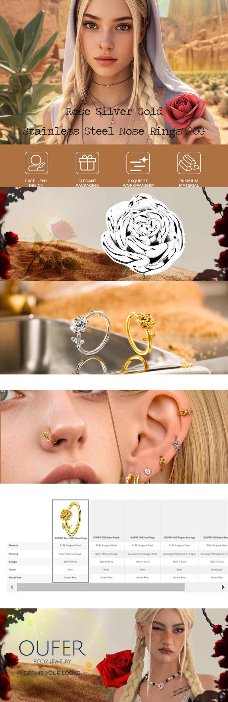 Oufer 20G Seamless Ring 3D Rose Nostril Nose Piercing Hoop 316L Stainless Steel Inner Diameter 8mm