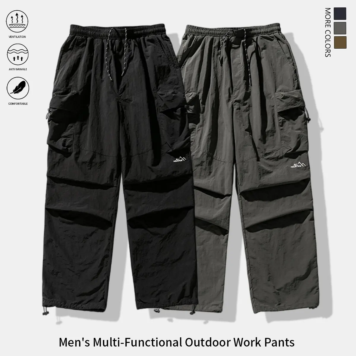 Pack of 2 men’s multi-pocket loose cargo pants, breathable quick-dry outdoor workwear for hiking and camping, wide-leg design suitable for mountaineering, fishing, and everyday streetwear; men’s clothing, men’s hiking pants. fit sport pant