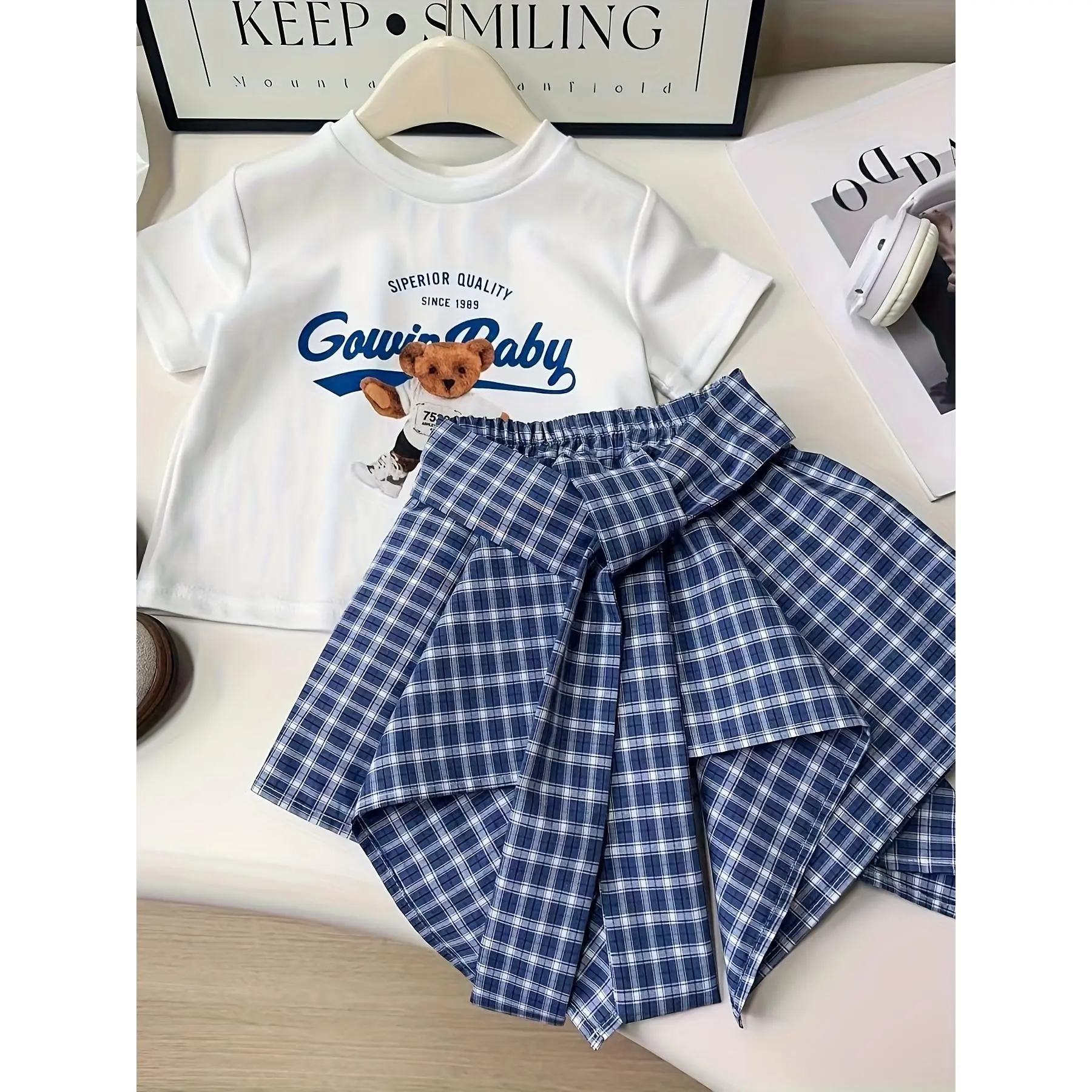 Girls' 2-Piece Casual Wear Set MV2926087 - Fresh Short-Sleeve Cotton Tops, Asymmetric Plaid Print Skirt, Relaxed Cut, Summer Outfit for Kids Over 3 Years