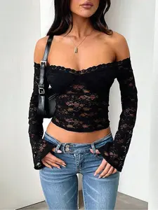 2025 New Spring/Summer Four Seasons Black Lace Solid Color Sexy Long Sleeve Top, One Shoulder Design Sexy and Fashionable, Open Navel Lace Top Suitable for Party or Daily Wearing