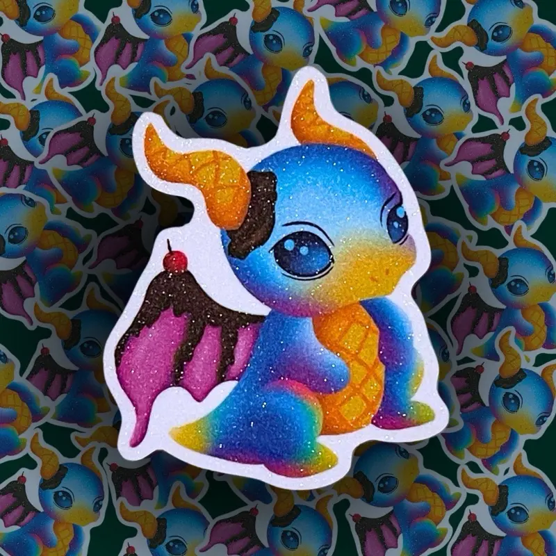 Cute Kawaii Funny Ice Cream Dragon Waterproof Sand Glitter Sticker for Summer Decor