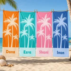 Custom Name Palm Tree Beach Towel – Personalized name print, soft absorbent cotton fabric, bright summer design, suitable for children, teens, and adults for pool, beach, and vacation use