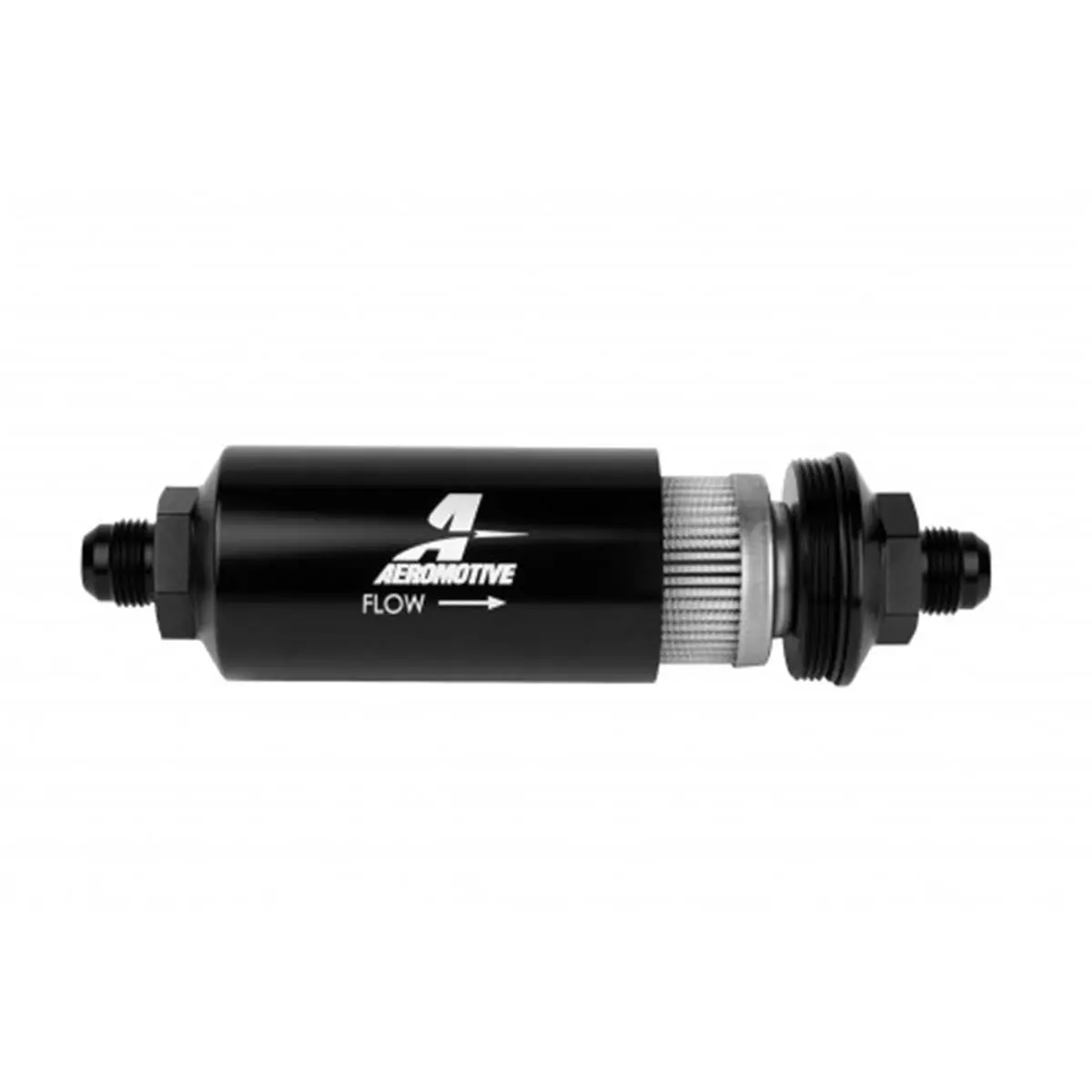 Aeromotive Male AN-08 Stainless Steel Fuel Filter - 6061-T6 Aircraft Aluminum Body, High-Flow, O-Ring Seal, 100 Micron Filtration, 10-Micron Cellulose Option, CNC-Machined, Bright Dip Black, 9.13x3.5x2in, Showcar-Ready Design