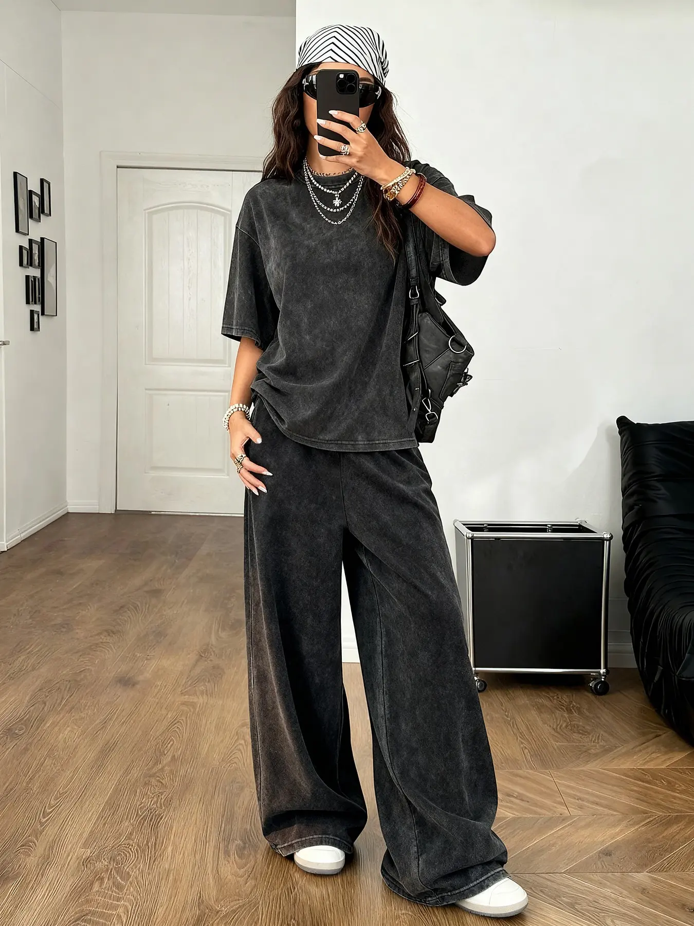 Women's Fashion Baggy Clothes Solid Color Round Neck Washed T-Shirt and Vintage Washed Long Pants Set, Loose Fit Oversize Casual Two-Piece for Spring Summer