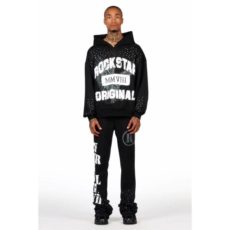 Borya Black Rhinestone Hoodie/Stacked Pant Track Set