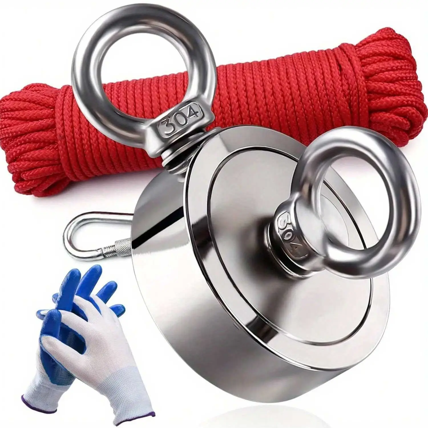 Double Sided Neodymium Fishing Magnet, Super Strong Magnet, Attach 20m red rope and gloves, Combined (249KG) Pulling Force, Heavy Duty Fishing Magnet, Powerful Magnet, Diameter 1.88inch (48mm), Retrieving in River and Magnetic Fishing