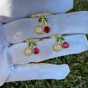 Cherry Earring and Ring Set - Gemstone Accents & Gold-Tone Design Jewelry Set