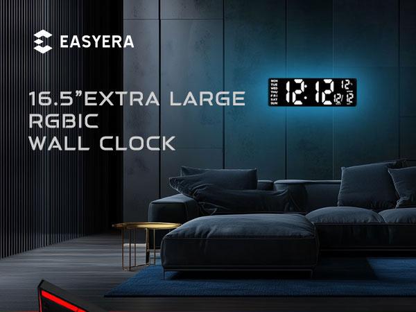 EASYERA 16.5"&12" Large 2 in 1 Digital Wall Clock with Remote Control, RGB Atmosphere Lights with 11 Scenes Mode, Dual Alarms with BIG LED Display, Teacher Classroom, Office, GameRoom, LivingRoom, Auto Dst Adjustment Timer Clock for ADHD, Christmas Gift