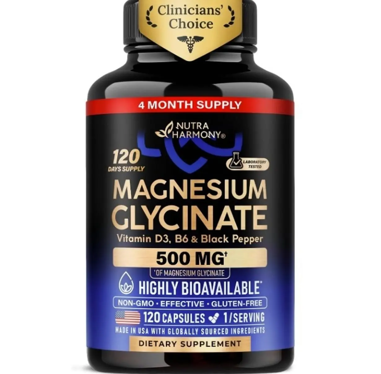 Magnesium Glycinate 500mg - VIT. B6 & D3 - Sleep, Muscle & Heart - 120 Caps | Magnesium Bisglycinate - Chelated High Absorption with Black Pepper - Magnesium for Women & Men - Lab Tested & Non-GMO