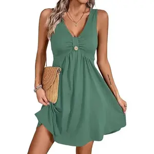 Women’s Sleeveless V Neck Swing Mini Dress Casual Summer Beach Dress