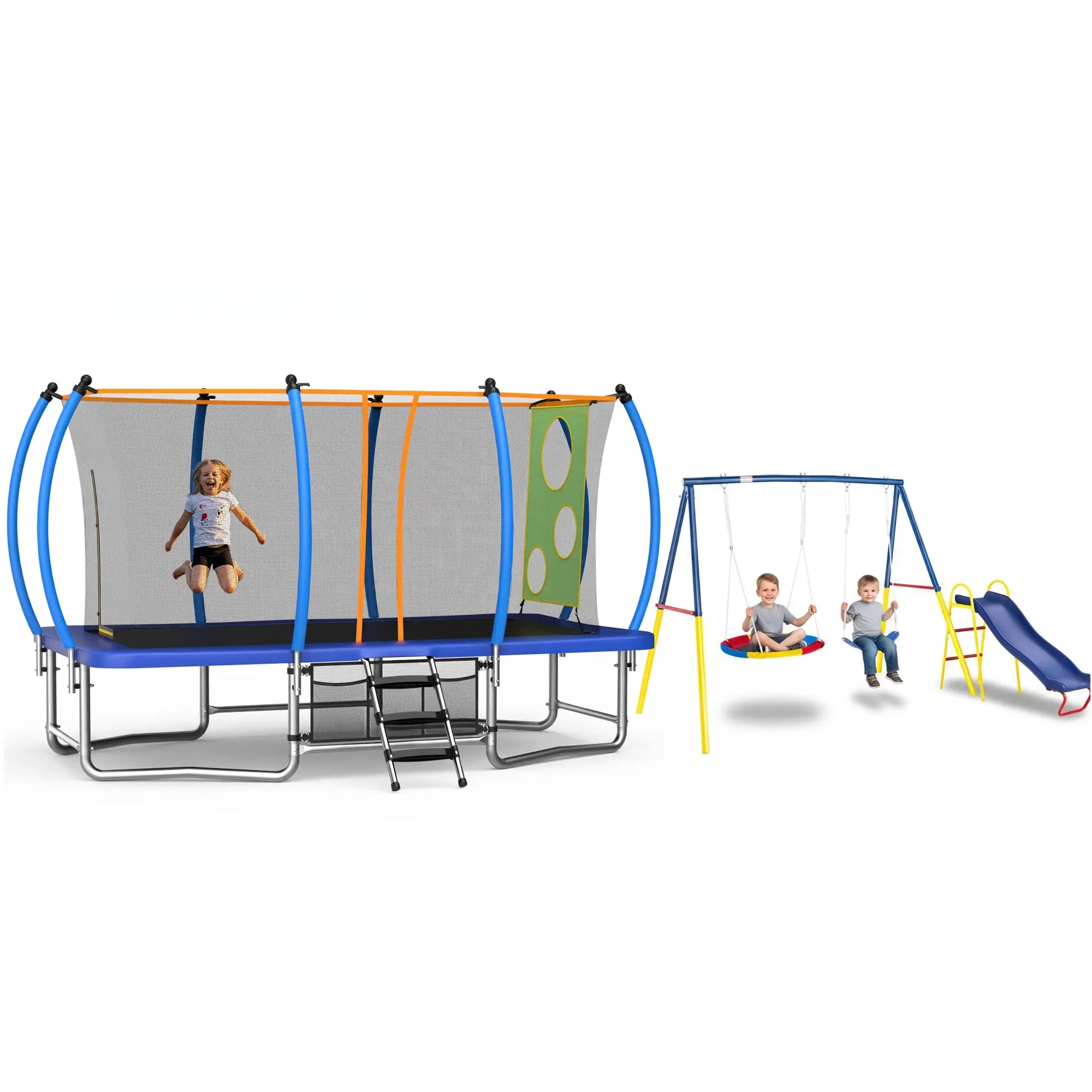 10X16FT 3‑in‑1 Rectangular Trampoline Combo with Swing & Slide, Outdoor Tumbling Trampoline with Safety Enclosure Net, Ladder, Backyard Heavy‑Duty Metal Playset for Kids & Adults, ASTM Certified