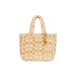 Coach Classic Monogram Print Zip Closure Shearling Tote Bag for Women in Light Yellow