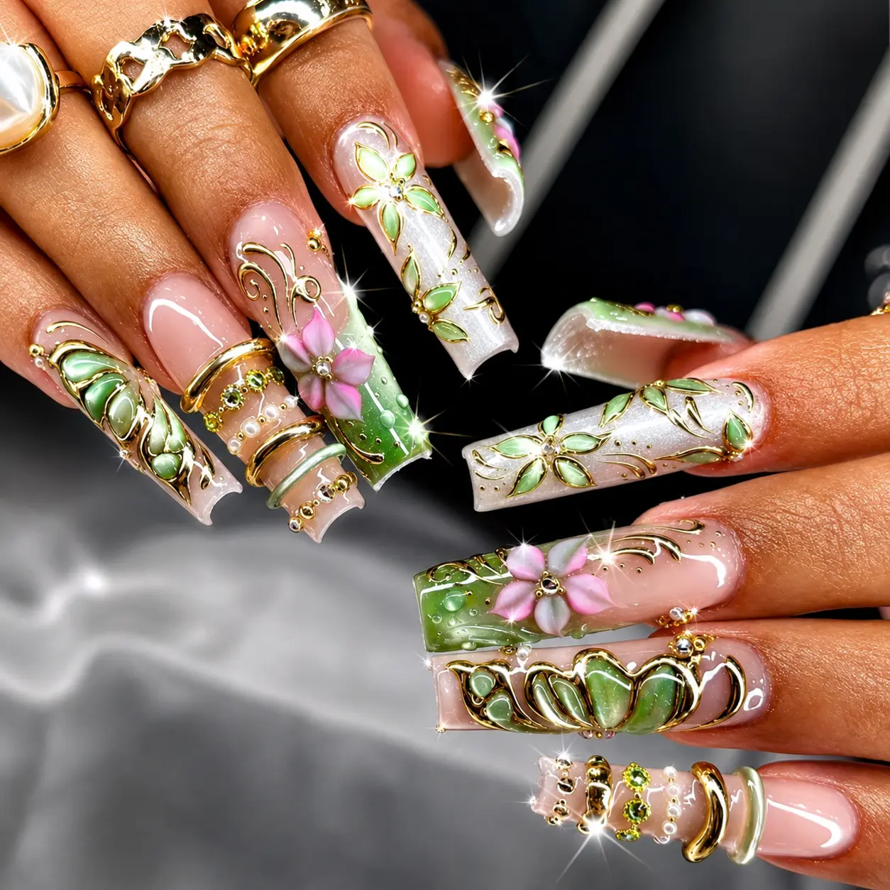 NAILCOUTURE Luxury Handmade 3D Nail Art Reusable Press On Nails | Long & MediumSquare Coffin Nails | Acrylic Gel Press On Nails | Summer Floral Butterfly Shell Collection | Glossy Salon Quality