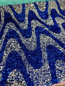 Silver Blue Embroidered Wave Design Sequins on Velvet