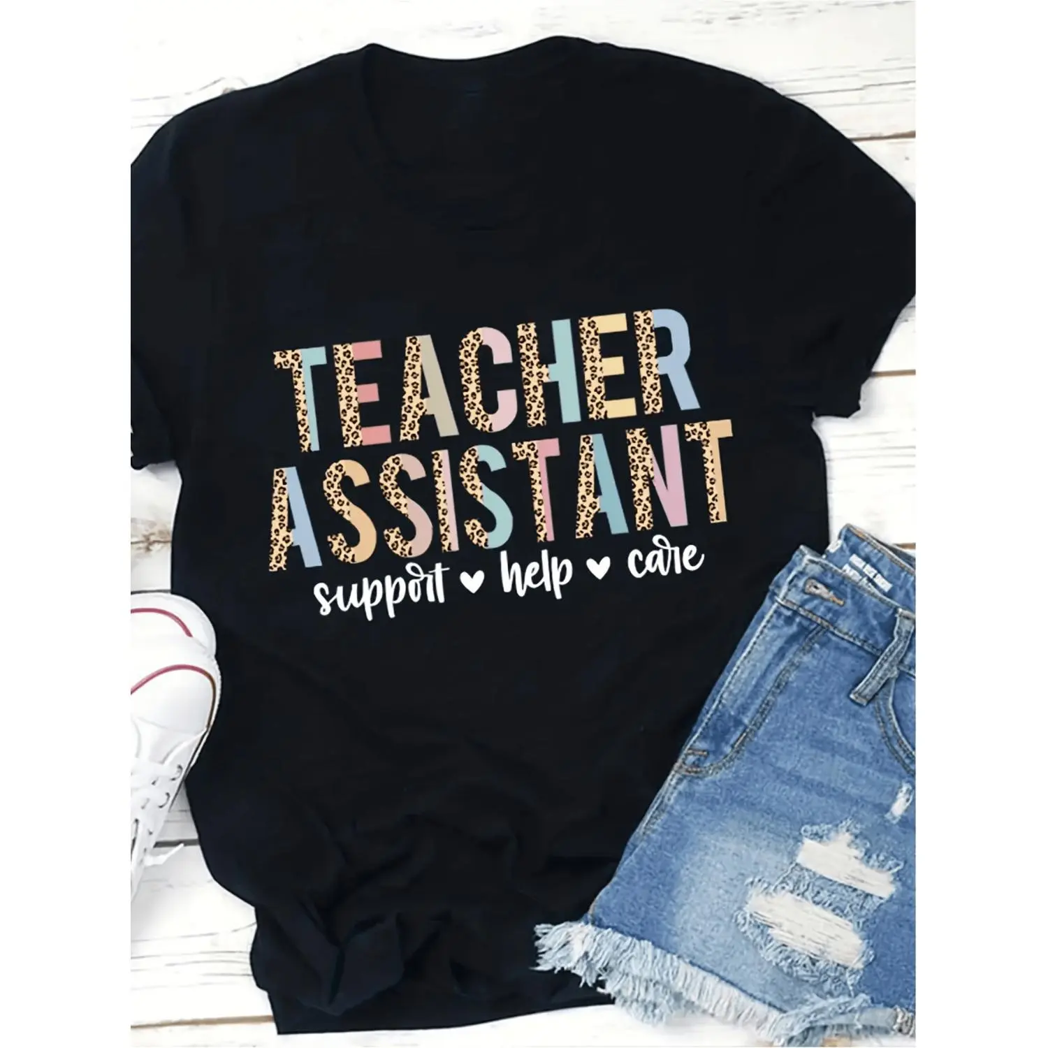 WoWomen' S Teacher Assistant Pattern T Shirt Color Support Help Care Letter Pattern with Icon Casual Short Sleeved Crew Neck Top Teacher Work Clothes Educator Clothing Gifts All Season T S Ideal for Spring and Summer Casual Wear