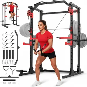 【TikTokShopBlackFriday】OPPSDECOR Power Cage, 2000LBS Multi-Function Squat Rack with Dual Cable Pulley System, Power Rack with Grip Pull-Up Bar, J-Hooks and More Attachments & Storage for Home Gym Full Body Training