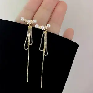 LisiZen Tassel Earrings for Square Face, Elegant Celebrity Style, Round Face Pearl Tassel, Dual-Wear Zircon Curved S925 Silver Earrings DZEH4941