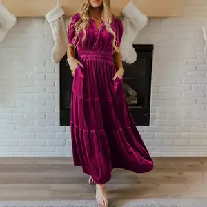 Women's Valentines Dress Vintage Velvet Short Sleeve V Neck Elastic Waist Ruffle Maxi Dress Evening Party Long Dresses