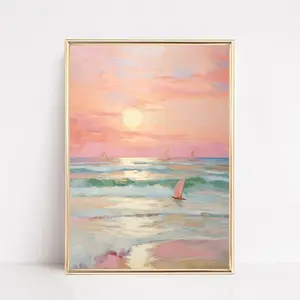 [UNFRAMED POSTER] Pastel Sunset Print Blush Pink Coastal Beach Preppy Ocean Painting Poster Boho Wall Art Decor Girly Dorm Teen Room Prints Framed or Canvas