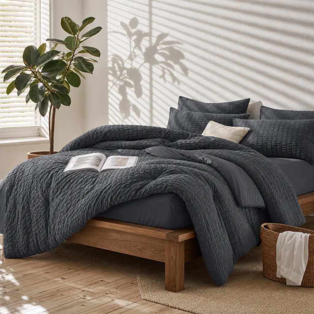 HYMOKEGE Queen Comforter Set Seersucker 7 Pieces, All Season Luxury Bed in a Bag for Bedroom, Bedding Set with Comforters, Sheets, Pillowcases & Shams, Dark Grey