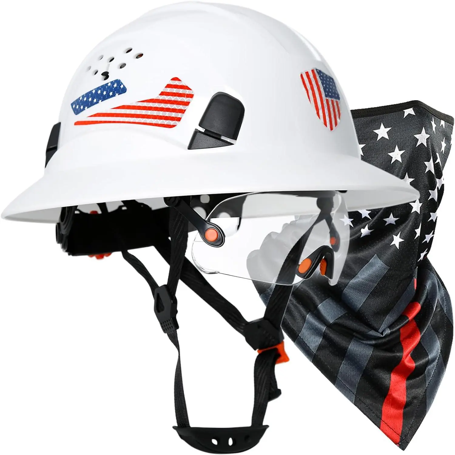 Full Brim Safety Helmet with Visor - Vented Hard Hat Safetyequipment, Neck Gaiter, Chin Strap, Reflective Flag Sticker for Forestry, Outdoor Work, Construction, Gardening, Landscaping, Outdoor Diy, Farming, Visor+Gaiter