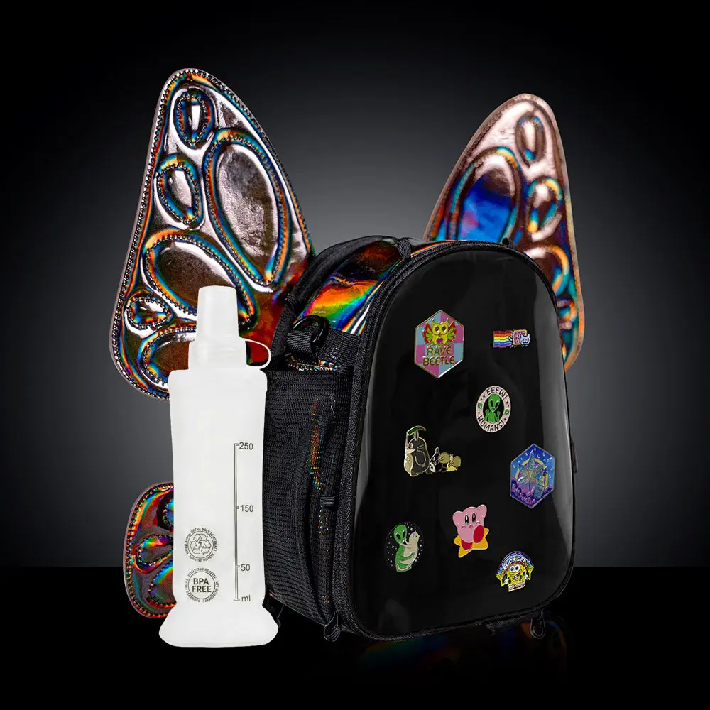 RaveBeetle FLOWt Pin Display Hydration Festival Pack – Swappable Wing Rave Backpack with 8oz Soft Water Bottle & Light Accessory (Mocha)