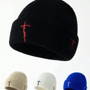 Fashion Embroidered Letter "Faith" Beanie Hat Warm & Suitable For Autumn Winter Casual Wear 1pc Black Beige White Blue Options