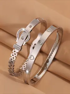 2pcs charming and elegant stainless steel classic design bracelet, suitable for daily commuting scenes, a cool gift to enhance the look, Elegant Minimalist Bangle, Stainless Steel Wrist