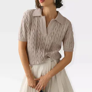 Womens Sweater Knit Tops Short Sleeve No Buttom Polo Collar Sweater Ribbed Cuff Fancy Knitwear,Apricot - M
