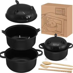 Large 45oz Cute Ramen Bowl Set Microwavable Pig Ramen Noodle Cooker Wheat Straw Bowl with Strainer Lid Handle Spoon Chopsticks Fork Gift for Home Dorm College(Black,1 Set) Tableware