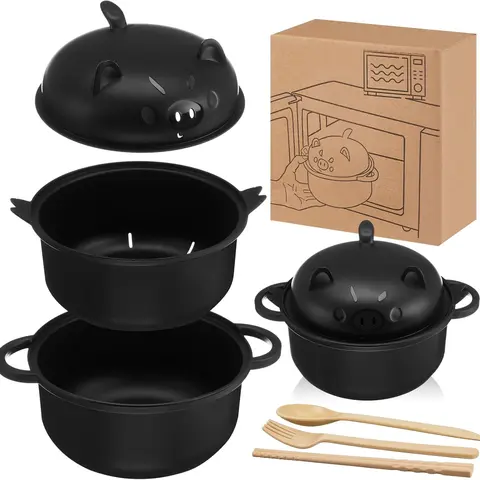 Large 45oz Cute Ramen Bowl Set Microwavable Pig Ramen Noodle Cooker Wheat Straw Bowl with Strainer Lid Handle Spoon Chopsticks Fork Gift for Home Dorm College(Black,1 Set) Tableware