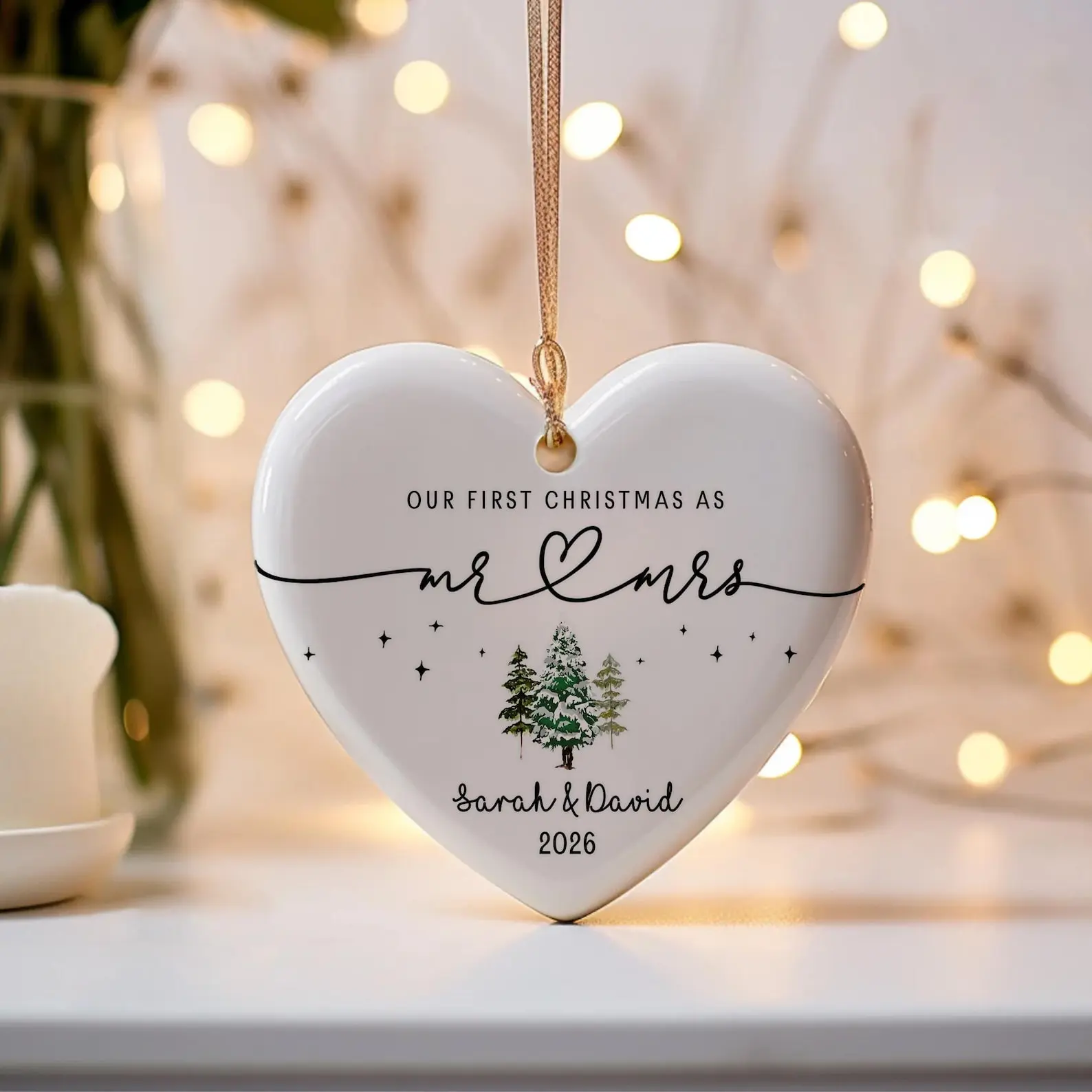Personalized First Christmas Keepsake Ceramic Ornament, Our 1st Christmas Mr & Mrs Ornament, Housewarming Mr and Mrs Idea, Wedding Gift, Circle and Heart Ceramic Ornament, Christmas Ornament Gifts