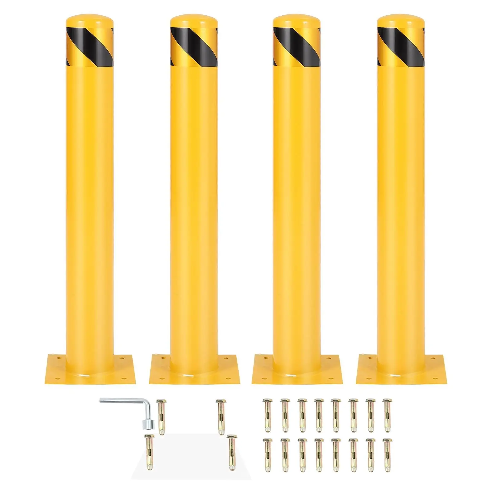 4-Piece Safety Bollard Set, 42 in & 48 in Sizes, 4.5-inch Diameter Q235 Steel Posts, High-Visibility Yellow, Impact-Resistant Driveway & Commercial Security Zones Barrier Protection
