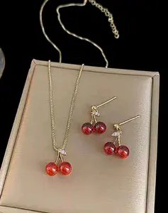 Cherry Red and Burgundy 3-Piece Chain Necklace Set with Earrings, Minimalist Design, Perfect for Valentine's Day Gifting