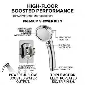 Silver Color Shower Head Kit with Mounting Bracket, 4-In-1 Multi-Function (rain/pulse/mix/spray), Low Water Pressure, Easy Installation