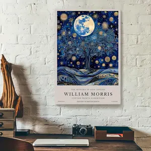 One William Morris Art Forest Starry Night Canvas Print, 11.8x 15.7inch , Wooden Frame Wall Art, Suitable for Living Room, Bedroom, Kitchen, Office, School, Classroom Decoration, Holiday Gift Idea