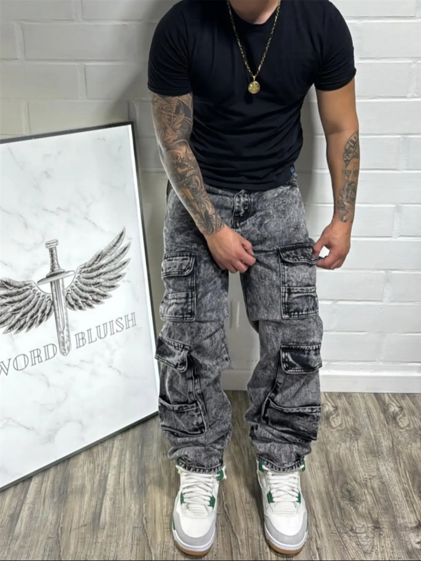 Men's Cargo Jeans, Slim-Straight Leg Wash Denim Pants with Multi-Pockets & 3D Flap Side Pockets, Vintage Streetwear Trousers for Casual Daily Wear, Menswear