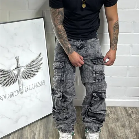 Men's Cargo Jeans, Slim-Straight Leg Wash Denim Pants with Loose Denim Pockets, Multi-Pockets & 3D Flap Side Pockets, Vintage Streetwear Trousers for Casual Daily Wear