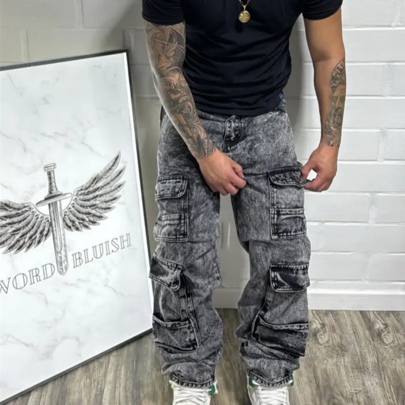 Men's Cargo Jeans, Slim-Straight Leg Wash Denim Pants with Loose Denim Pockets, Multi-Pockets & 3D Flap Side Pockets, Vintage Streetwear Trousers for Casual Daily Wear