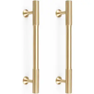 4pcs Solid Brass Gold Cabinet Pulls, 5-Inch Hole Centers Modern Drawer Pulls Brushed Brass Handles for Kitchen Cupboard Bathroom Wardrobe Door