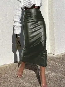 Elegant Straight PU Leather Bodycon Skirt, High Waist A-Line Midi Dress, Casual Minimalist Loose-Fitting Fall Winter Women's Fashion Lady