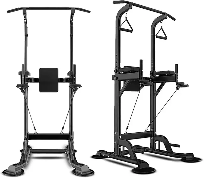 Adjustable Height Power Tower with Pull-Up Bar and Dip Station - Home Gym Strength Training Fitness Equipment Accessories