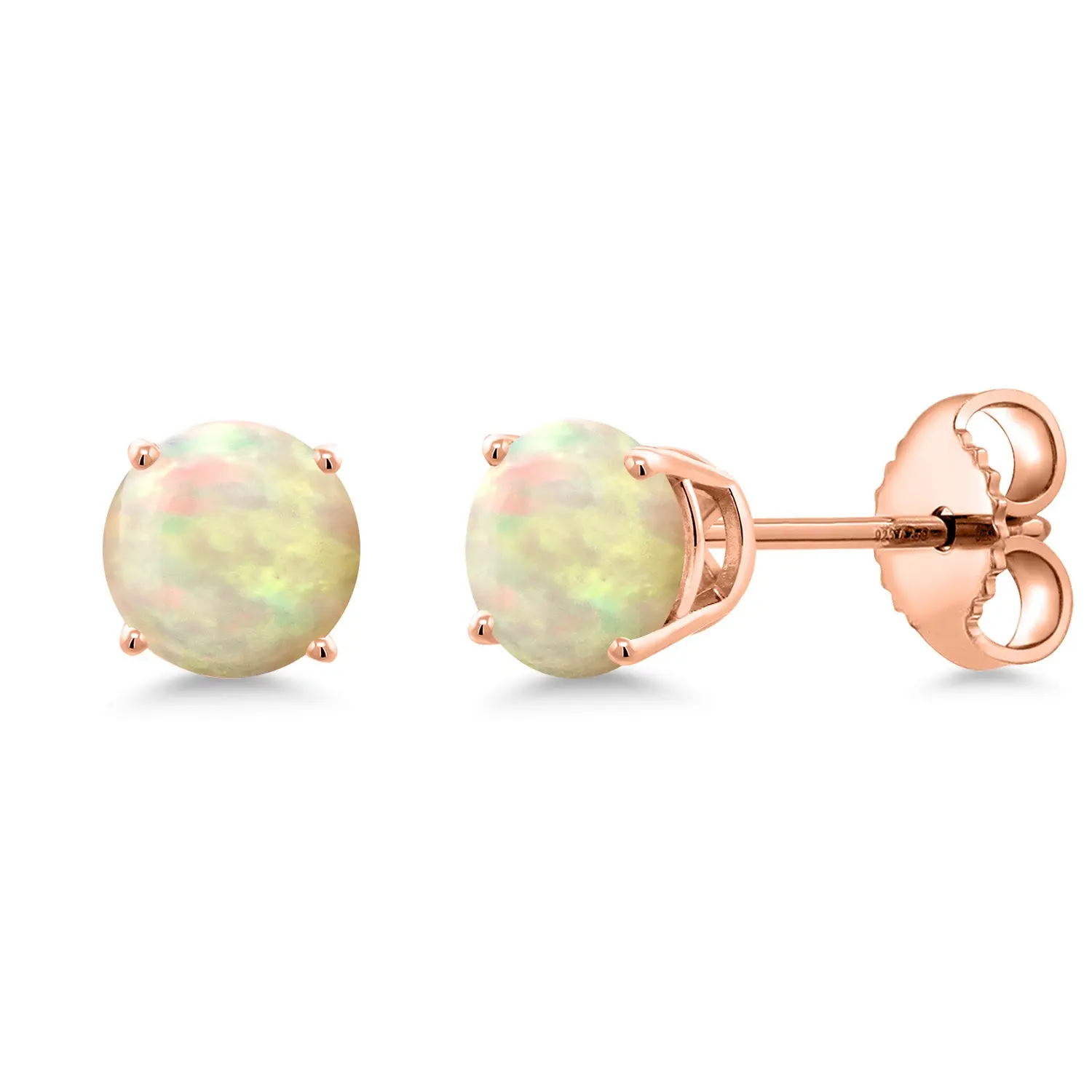 Gem Stone King 18K Rose Gold Plated Silver White Ethiopian Opal Stud Earrings for Women | 1.12 Cttw | Gemstone October Birthstone | Round Cabochon 6MM