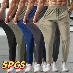 5PCS Men's Summer Ankle Sports Pants, High Stretch Fiber, Nylon 80%Spandex20%, Reflective Stripe Design At The Hem Of Pants Solid Color Breathable Fabric, Regular Fit WithZipperPockets, Breathable ComfortableRunningTraining LongTrousers