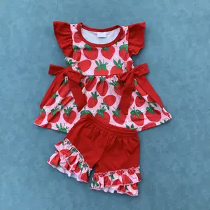 Strawberry shirt ruffle shorts kids girls summer outfit