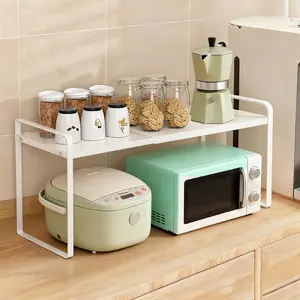 Expandable Tiered Storage Rack Cabinet Countertop Sink Base Organizer Stackable Space Saver for Spice Bottles & Dinnerware Black/White