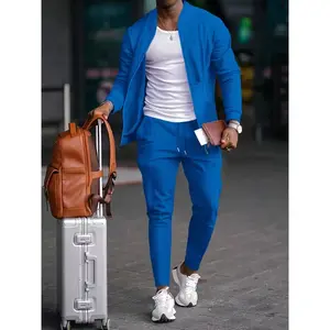 Men's Solid Zip Up Jacket & Pants Waffle Set, Regular Fit Casual Long Sleeve Zip Front Outerwear & Trousers, Men's Spring & Fall Clothes