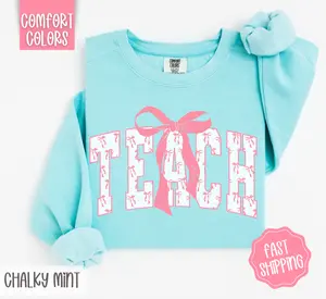 Pink Teacher Bow Comfort Colors Sweatshirt, Women's Crewneck, Cute Women's Sweater